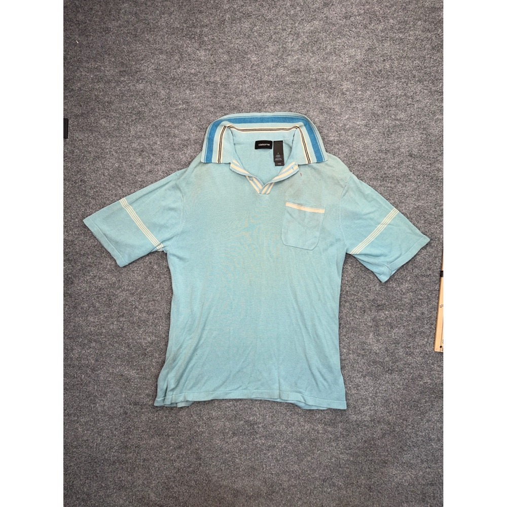 Claiborne Mens Silk Blend Knit Polo Shirt Blue Striped Collar Size M Vintage
